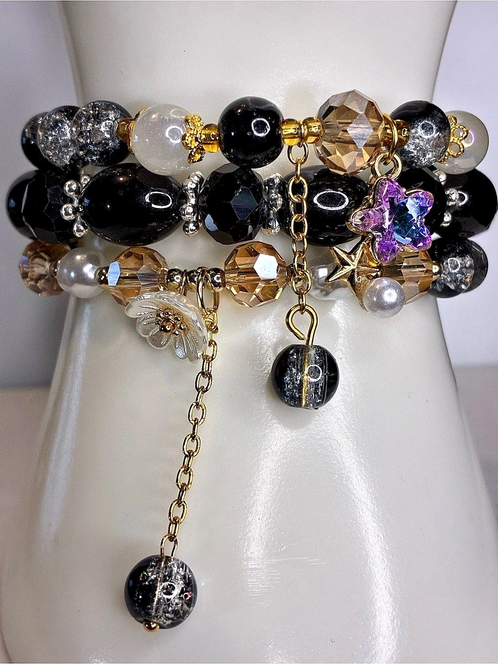 Black & Gold Glass Beaded Charm Bracelet Stack NWOT